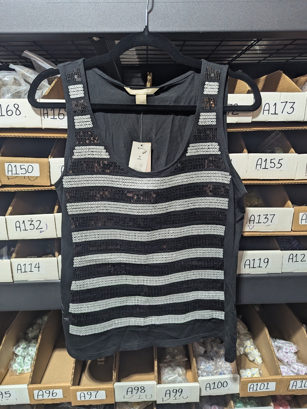 Banana Republic Black Tank Top with Silver Sequin Stripes M